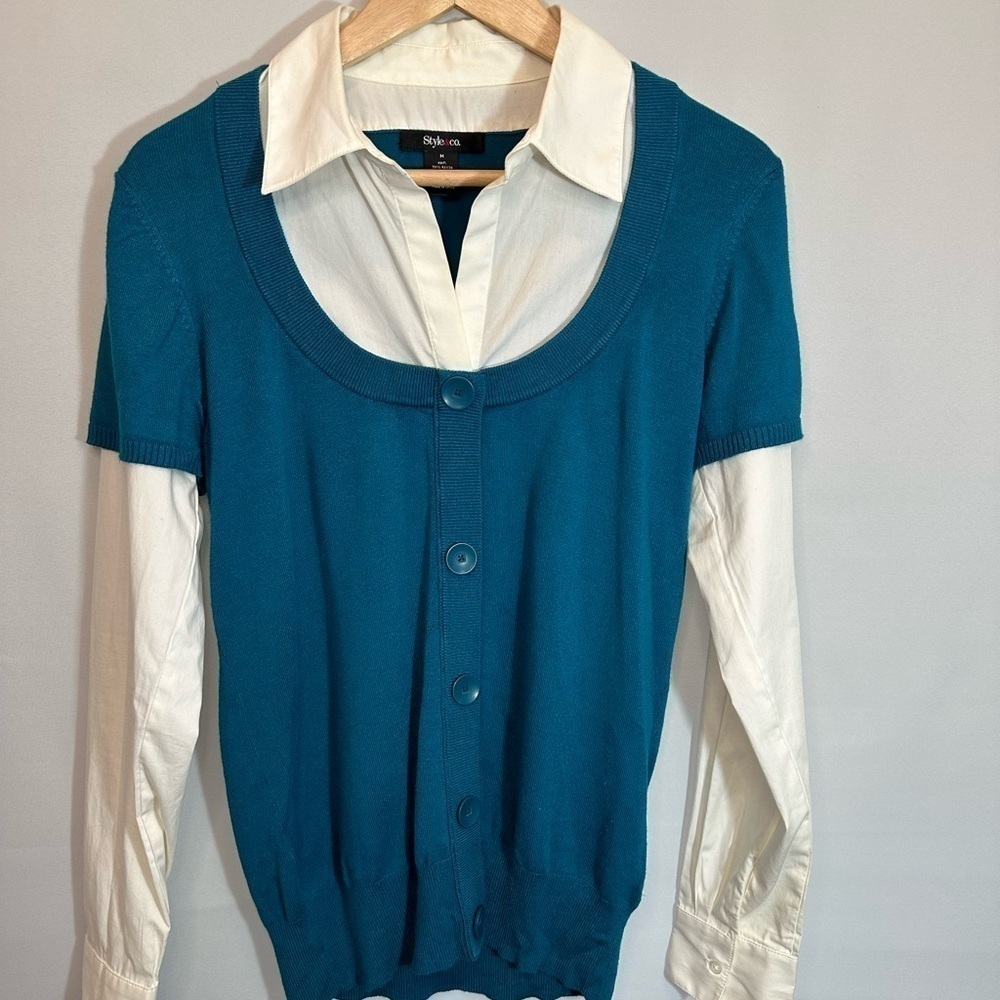 Style&Co Women Layered Green Knit Sweater White Blouse Top Shirt Preppy M Button